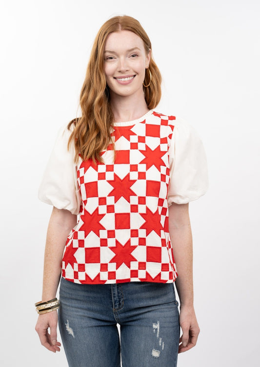 Ivy Jane Quilted Poof Sleeve Top-Red