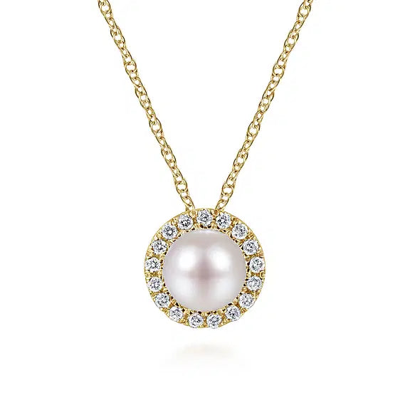 Gabriel 14kt Yellow Gold Pearl and Diamond Halo Pendant Necklace