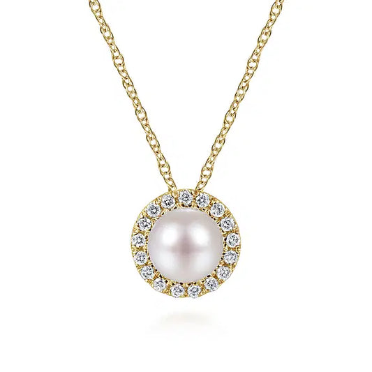 Gabriel 14kt Yellow Gold Pearl and Diamond Halo Pendant Necklace