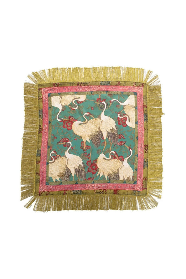 Mccolin Fringed Crane Print Square Scarf-Green