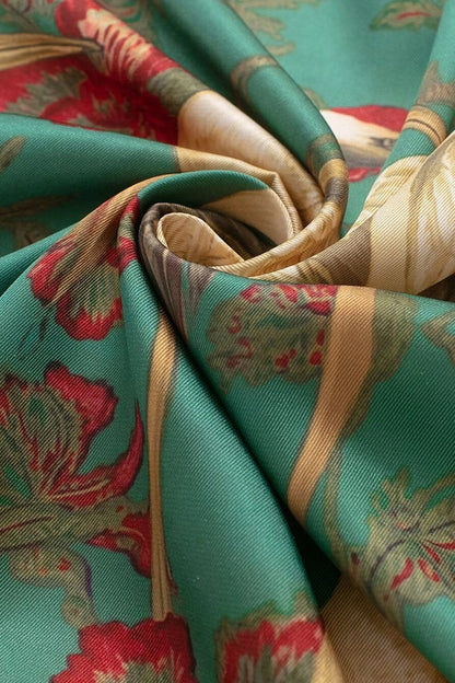 Mccolin Fringed Crane Print Square Scarf-Green