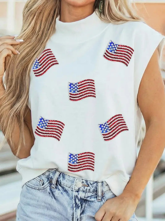Sequin American Flag Mock Neck Short Sleeve Top