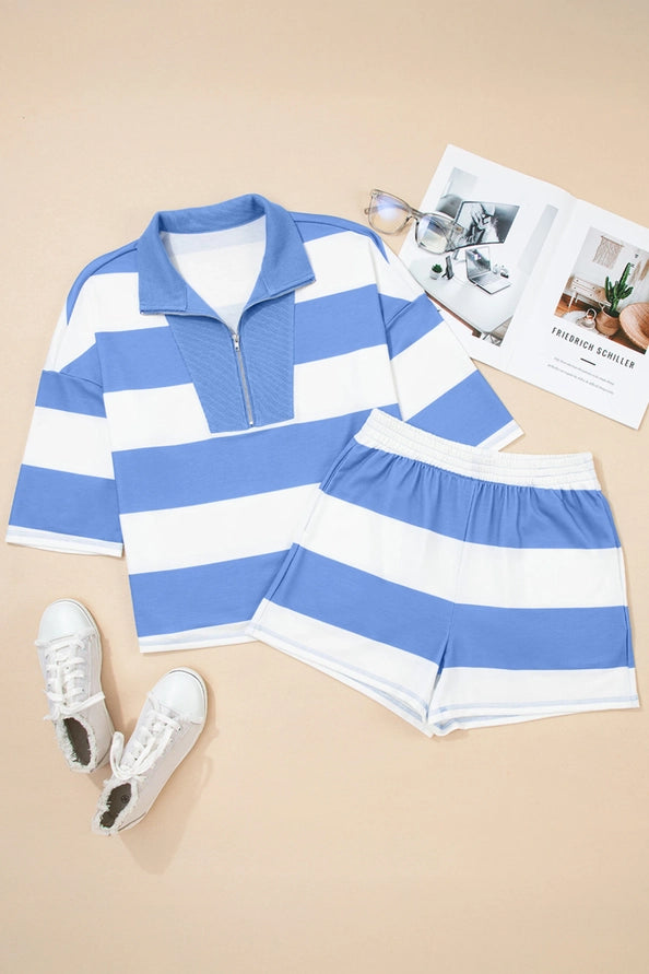 Drop Shoulder Zipped Collar T Shirt Plus Size Shorts Set-Sky Blue