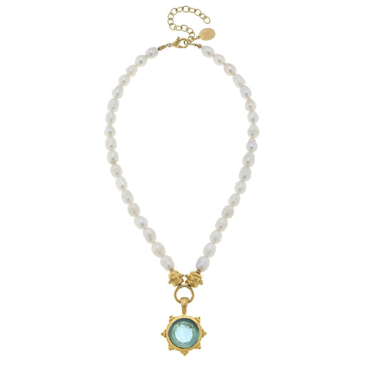 Ssan Shaw Small Aqua Fleur Venetian Glass, Freshwater Pearl Necklace