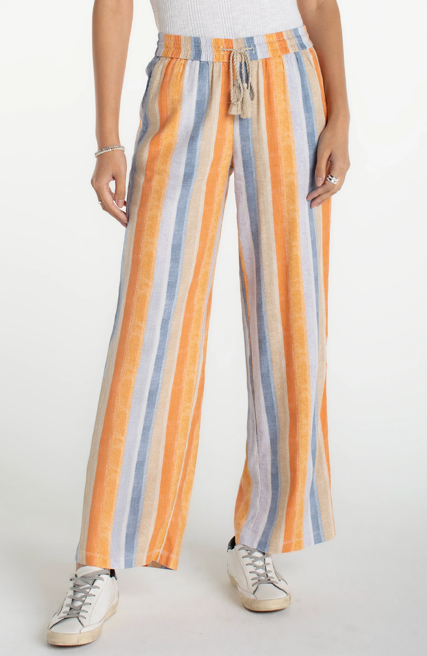 Liverpool Pull On Drawstring Wide Leg Pant-Multi Stripe