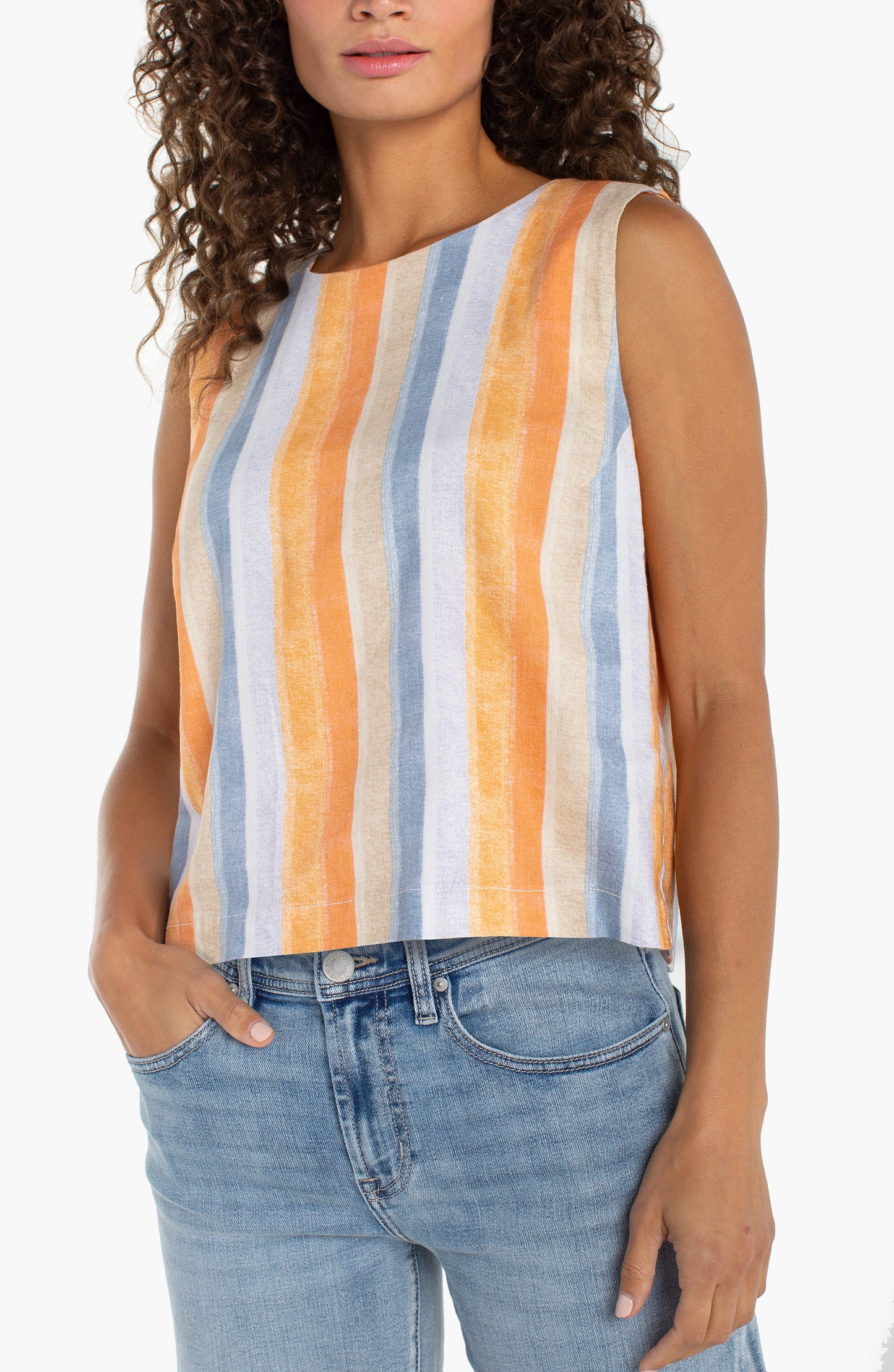 Liverpool Sleeveless Shell Top With Button Back-Multi Stripe