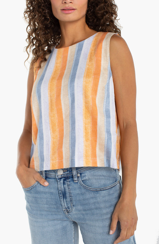 Liverpool Sleeveless Shell Top With Button Back-Multi Stripe