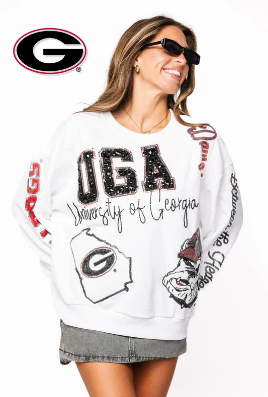 Queen of Sparkles Licensed UGA Big Icons Scattered All Over Sweatshirt