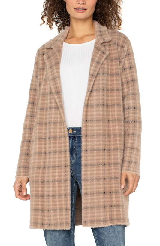 Liverpool Open Front Coatigan Sweater-Camel Cream Plaid