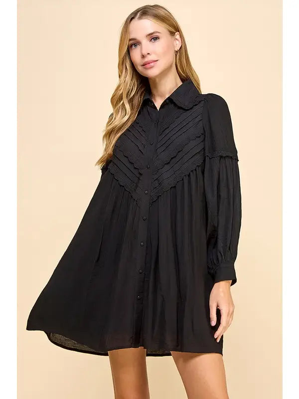 TCEC Pleated Top Button Down Shift Dress Black