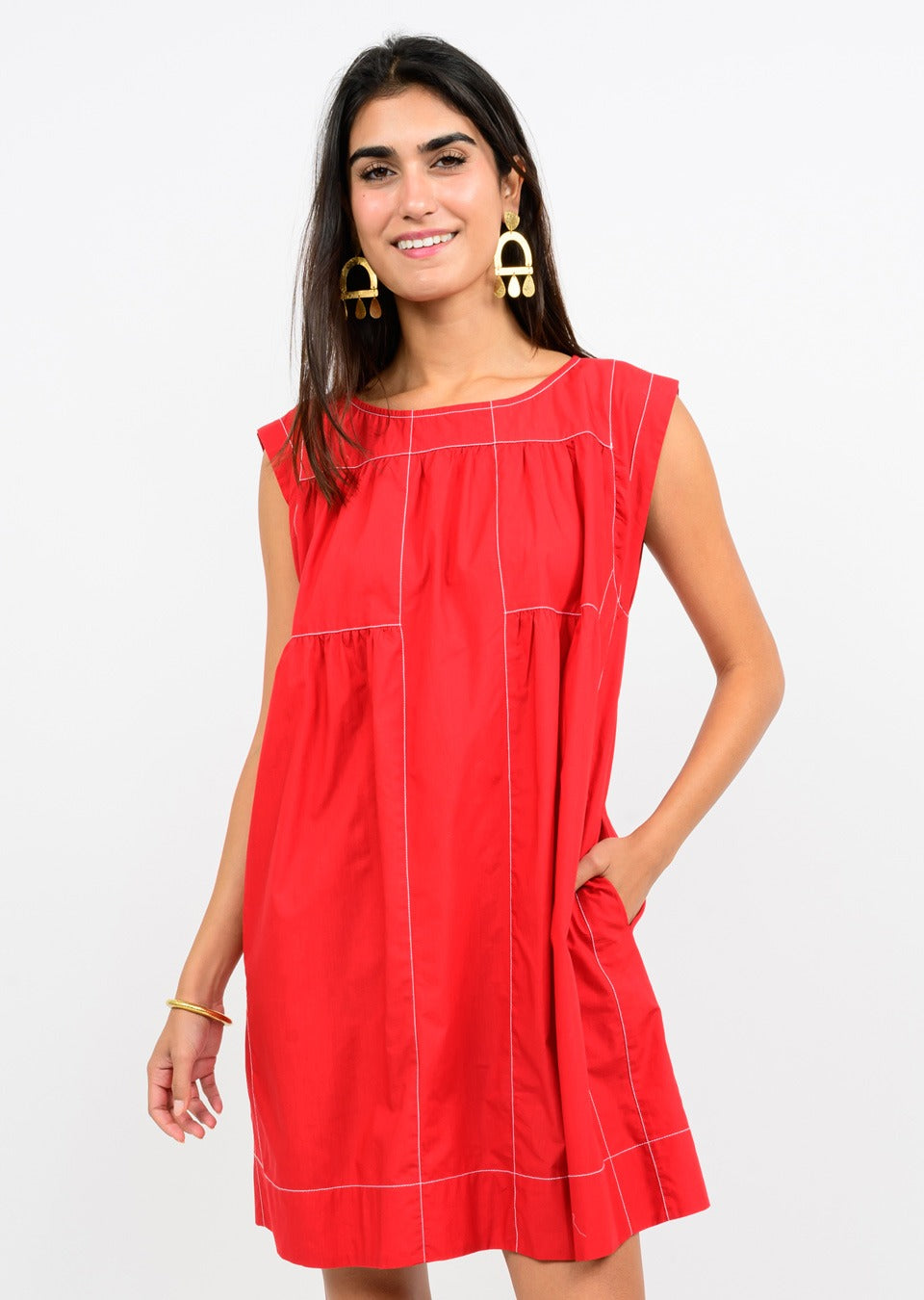 Uncle Frank Topstitched Tiered Dress-Red