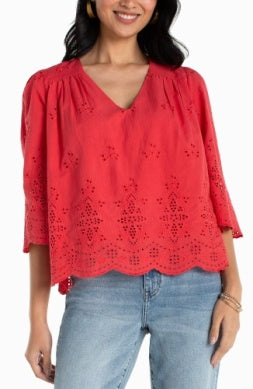 Liverpool 3/4 Sleeve V-Neck Eyelet Woven Top-Cherry Rose