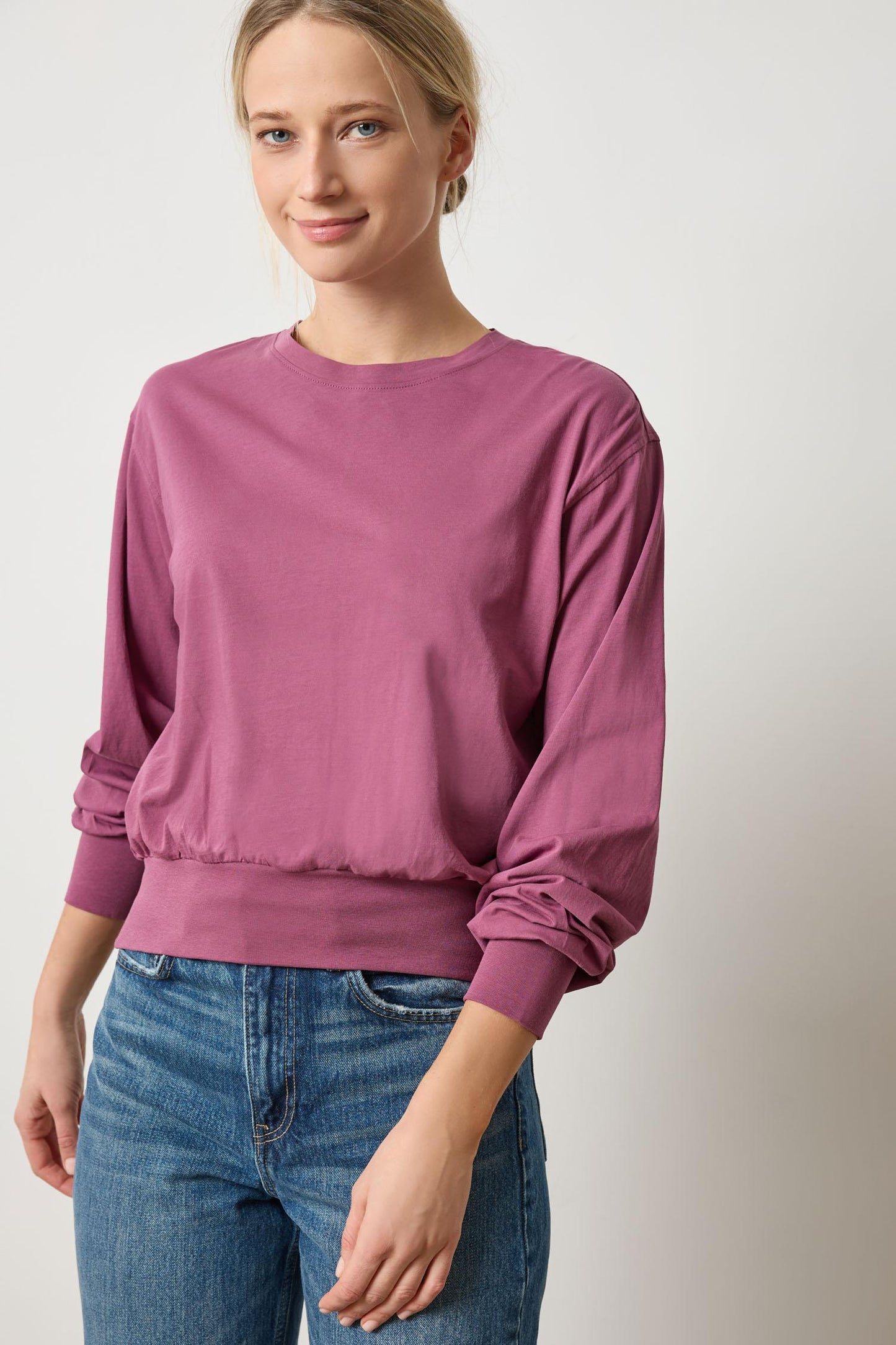 Lilla P Ribbed Trim Easy Crew Top-Vintage Plum