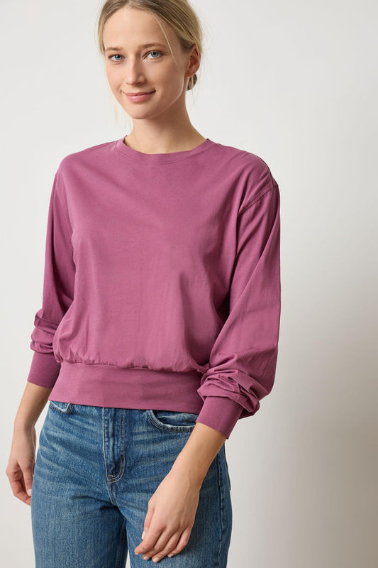 Lilla P Ribbed Trim Easy Crew Top-Vintage Plum