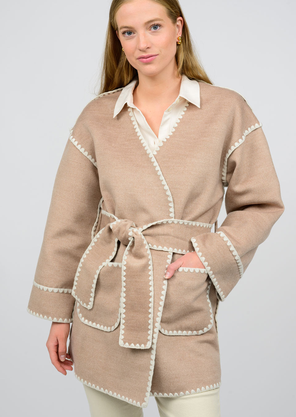 Ivy Jane Whipstitch Wrap Coat Taupe