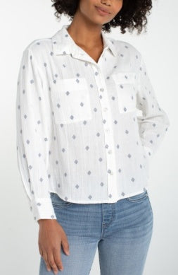 Liverpool Long Sleeve Button Front Shirt w/High Low Hem-Off White