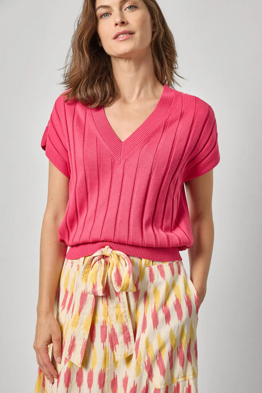 Lilla P Wide Rib Wedge V-Neck Sweater-Azalea