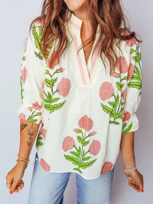 Casual Wildflower Print V-Neck Blouse
