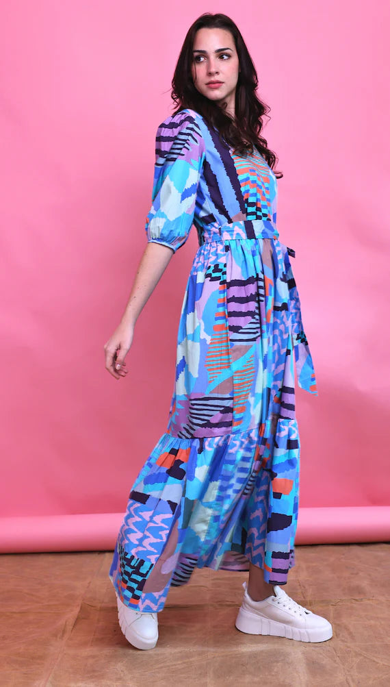 Maude Molly Maxi Dress in Blue Geometric Print