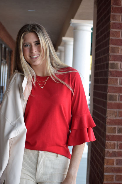 Double Sleeve Ruffle Keyhole Back Tee in Red