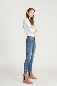Driftwood Jackie High Rise Skinny with Tonal Embroidered Cheetah Side in Light Wash
