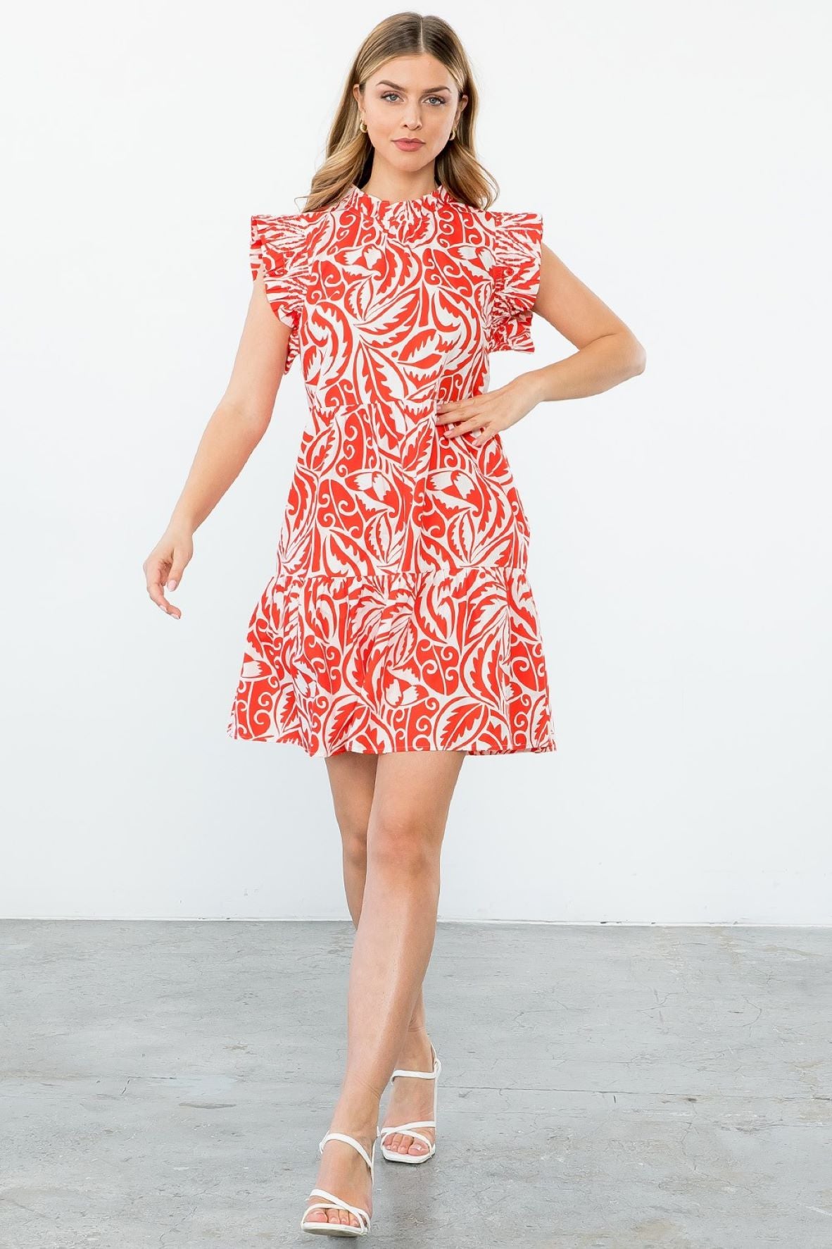 Red Tropical Leaf Print Dress