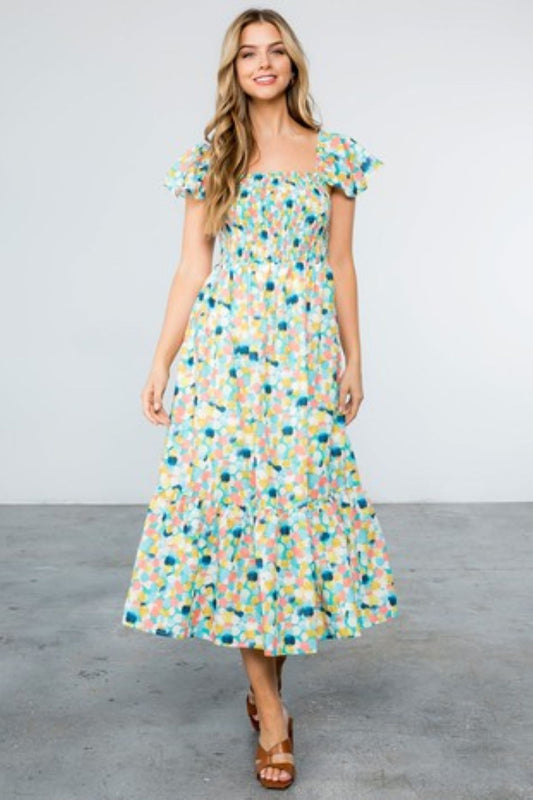 Turquoise Dot Smocked Bodice Midi Dress